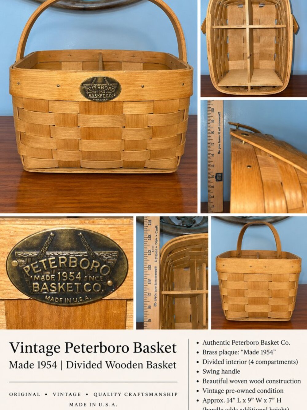 Vintage 1954 Peterboro Basket Co Divided Wood Basket Made USA Mid Century